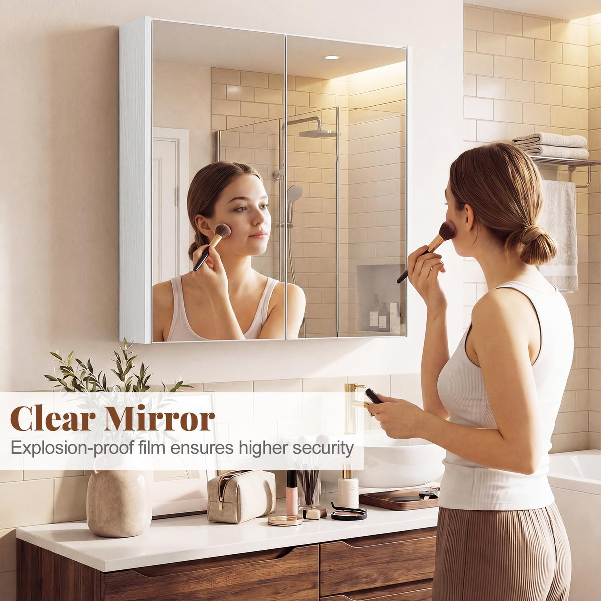 Medicine Cabinet with Mirror and Wooden Hanging 2-Tier Storage Cabinet for Laundry