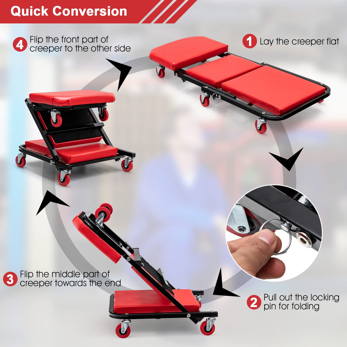 2-in-1 Rolling Creeper Seat, Folding Creeper w/PVC Padded Seat