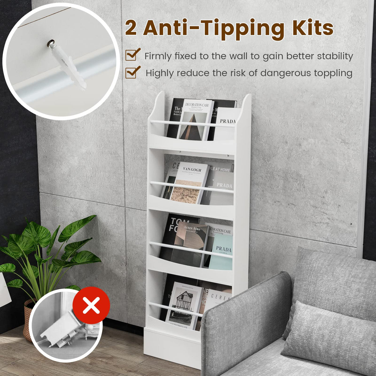 4-Tier Kids Bookcase with 2 Anti-Tipping Kits & Guardrails