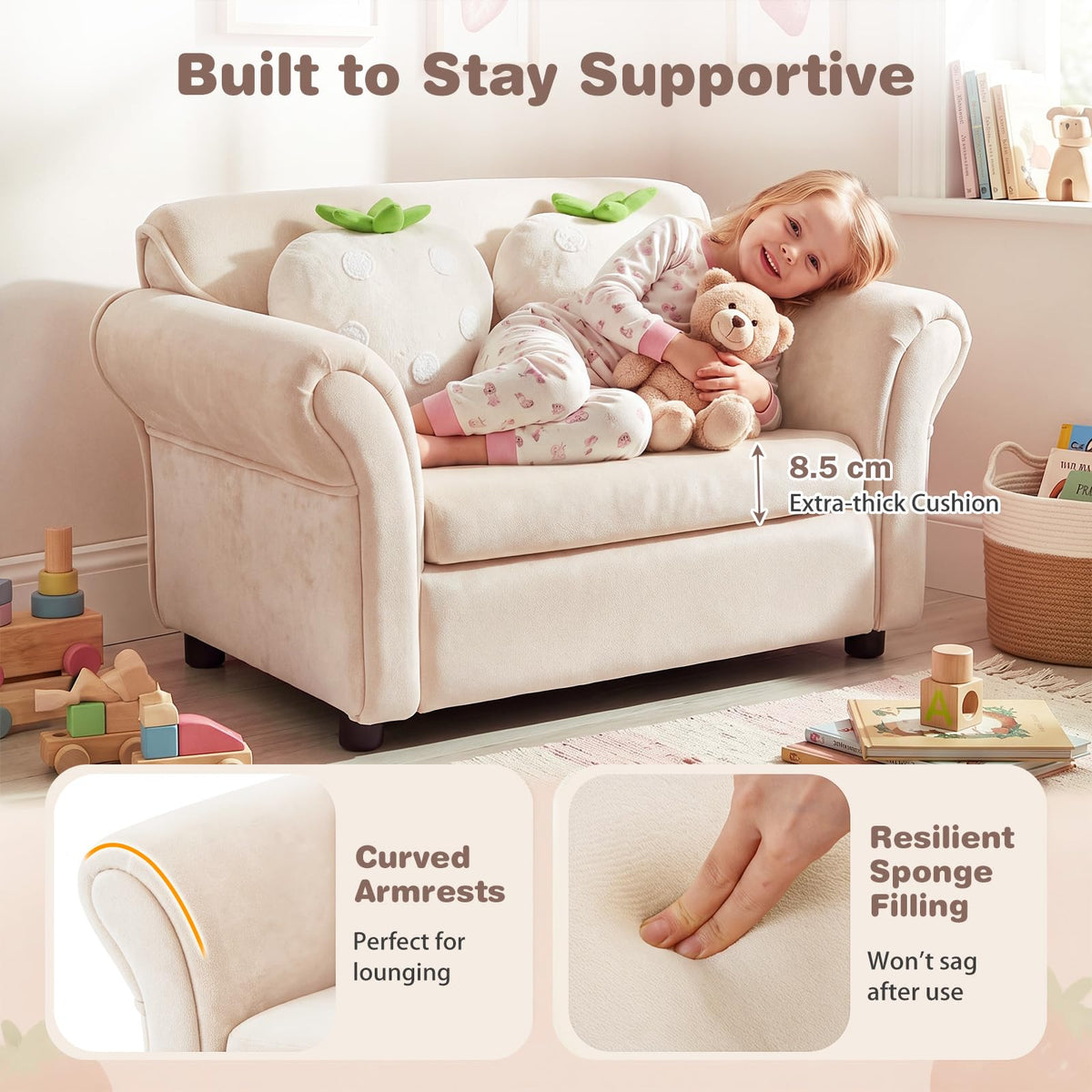 Kids' Couch with 2 Strawberry Throw Pillows with Flannel Upholstery and Solid Wooden Frame