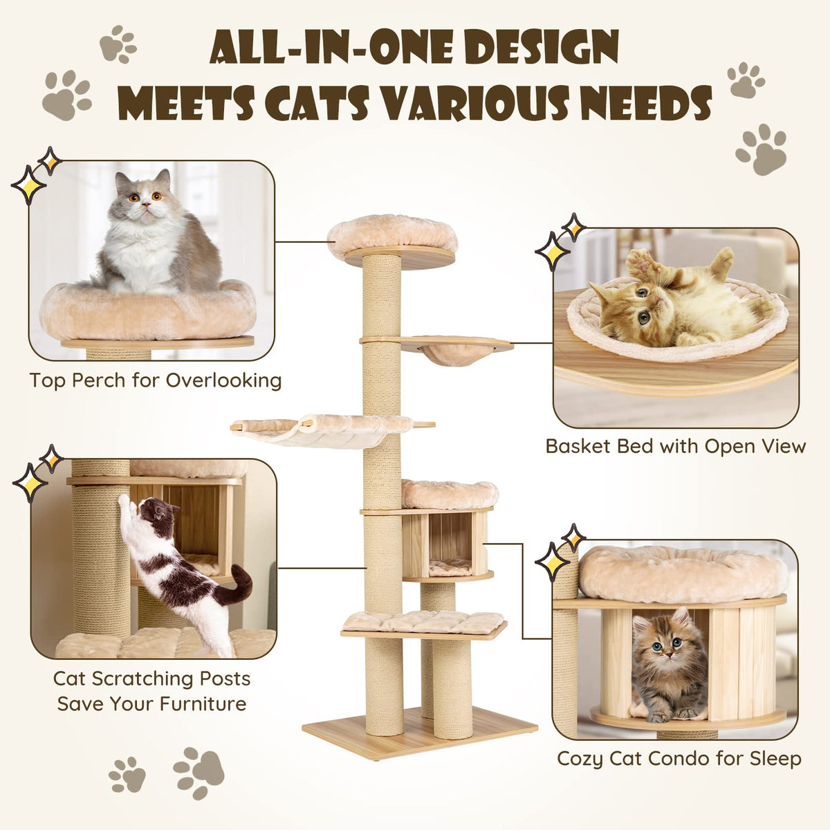 191cm Multi-Level Cat Tree Tower for Indoor Cats, Large Cat Tree Stand w/Wood Cat Condo