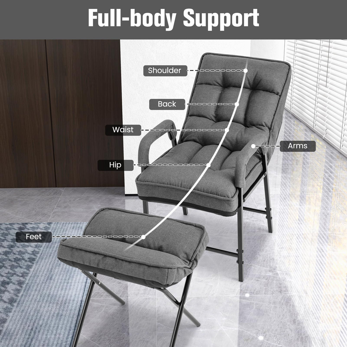 Giantex Modern Accent Chair w/Ottoman, Linen Fabric Arm Chair w/Adjustable Backrest & Solid Metal Frame