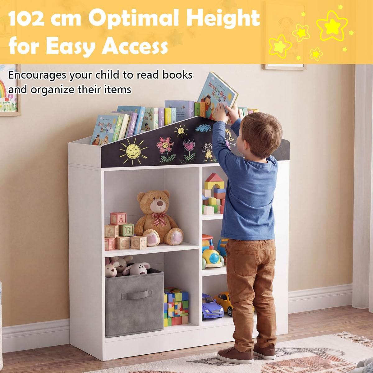 Kids Toy Storage Box House Shaped with Compartments and Chalkboard