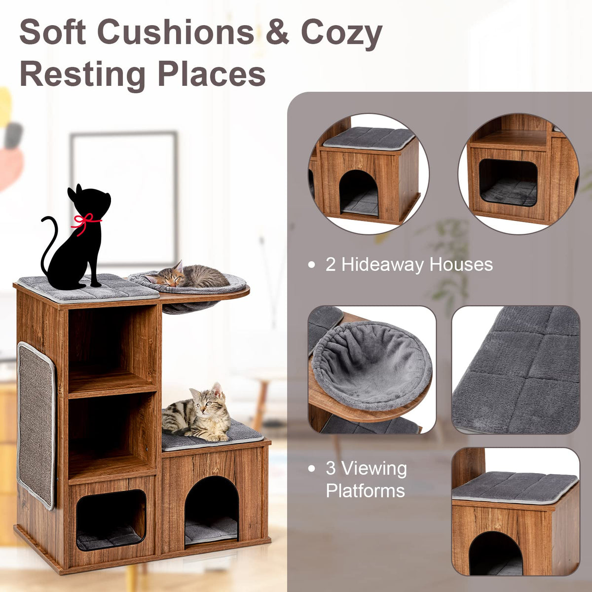 Giantex Stable Cat Tree, Climbing Tree with Sisal Scratching Mat & Plush Seat Hollows & Cave