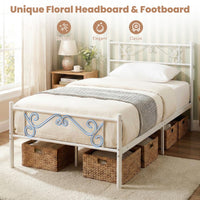 Single Size Metal Bed Frame with Floral Headboard and Footboard