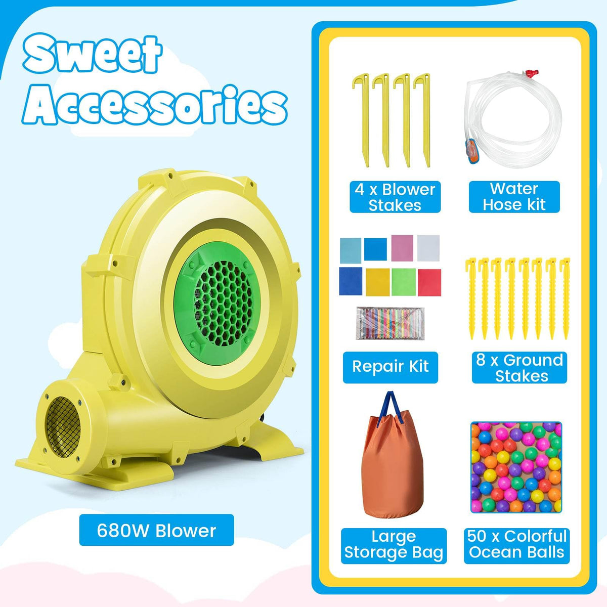 5-in-1 Inflatable Bounce House with Slide and Ocean Balls with 680W Blower