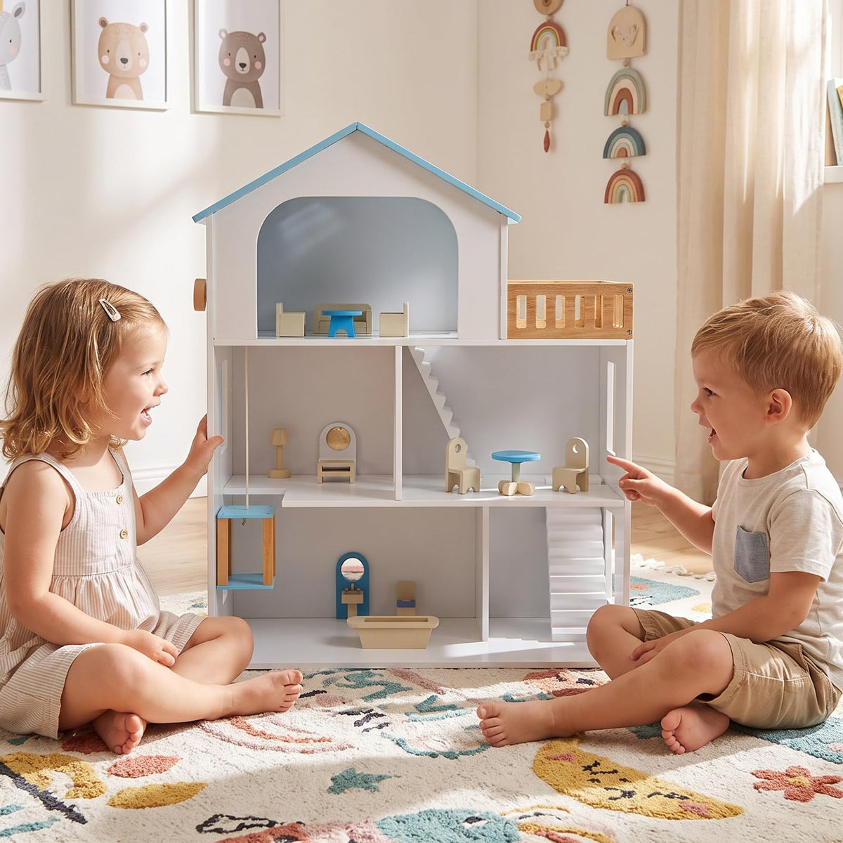 3-Story Wooden Dollhouse Playset for Kids