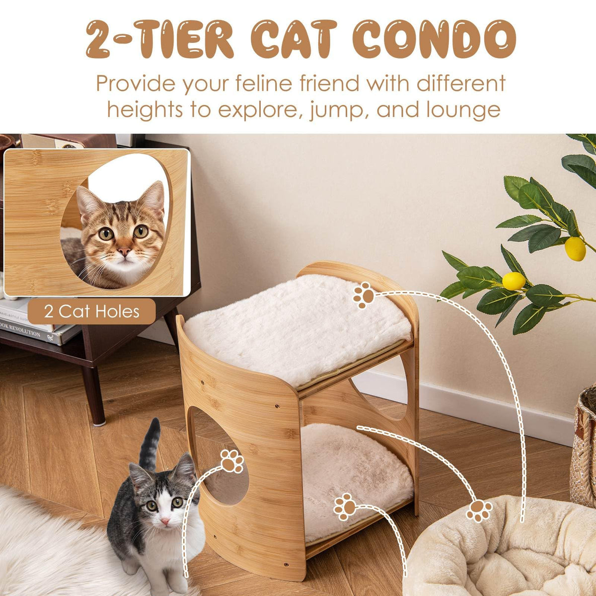 Cute Bamboo Cat Tree with Double Beds and Removable Cushions