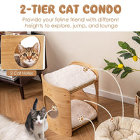 Cute Bamboo Cat Tree with Double Beds and Removable Cushions