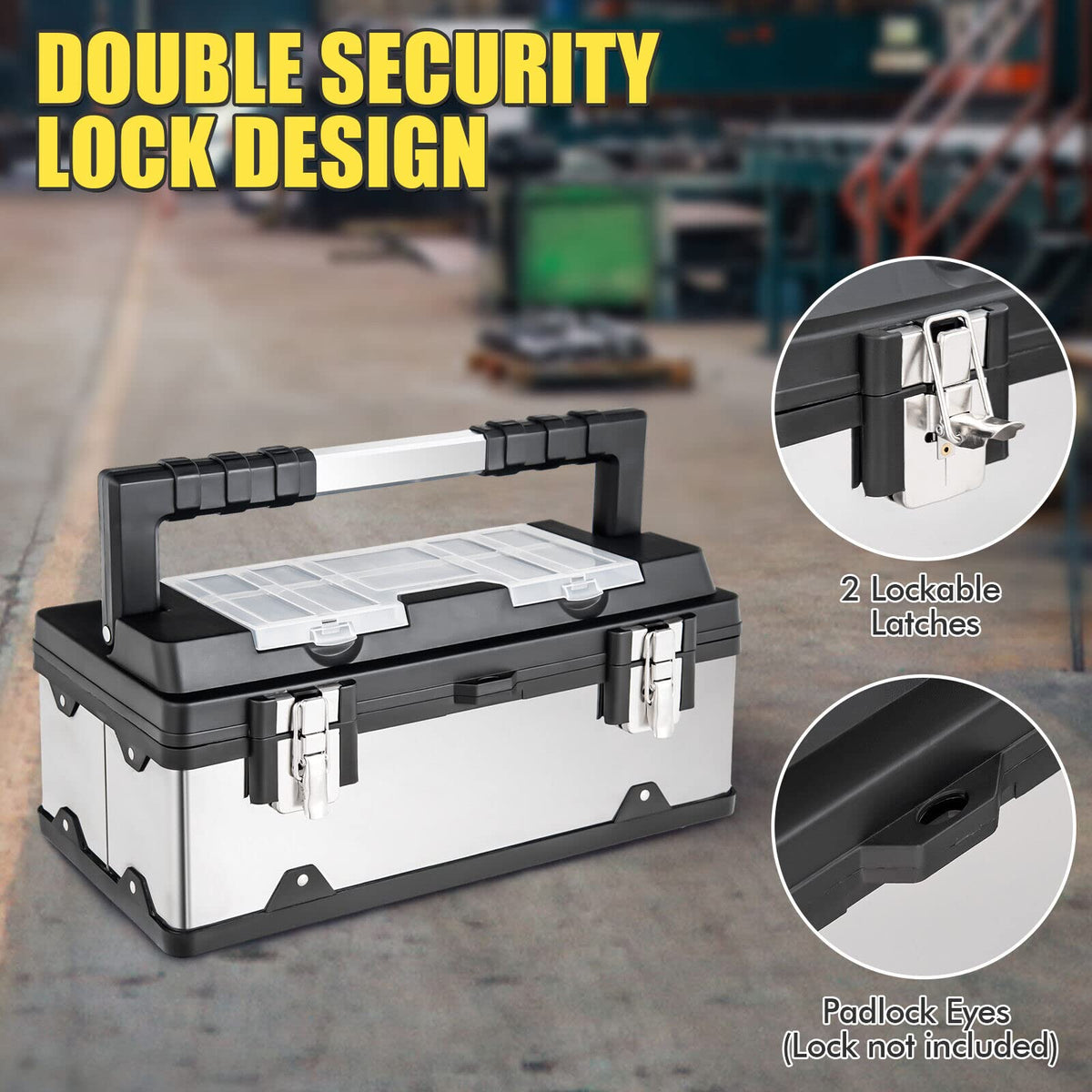 Collapsable Lockable Tool Box 45 cm Tool Box, Lockable Storage Toolbox with Removable Tray, Multiple ...