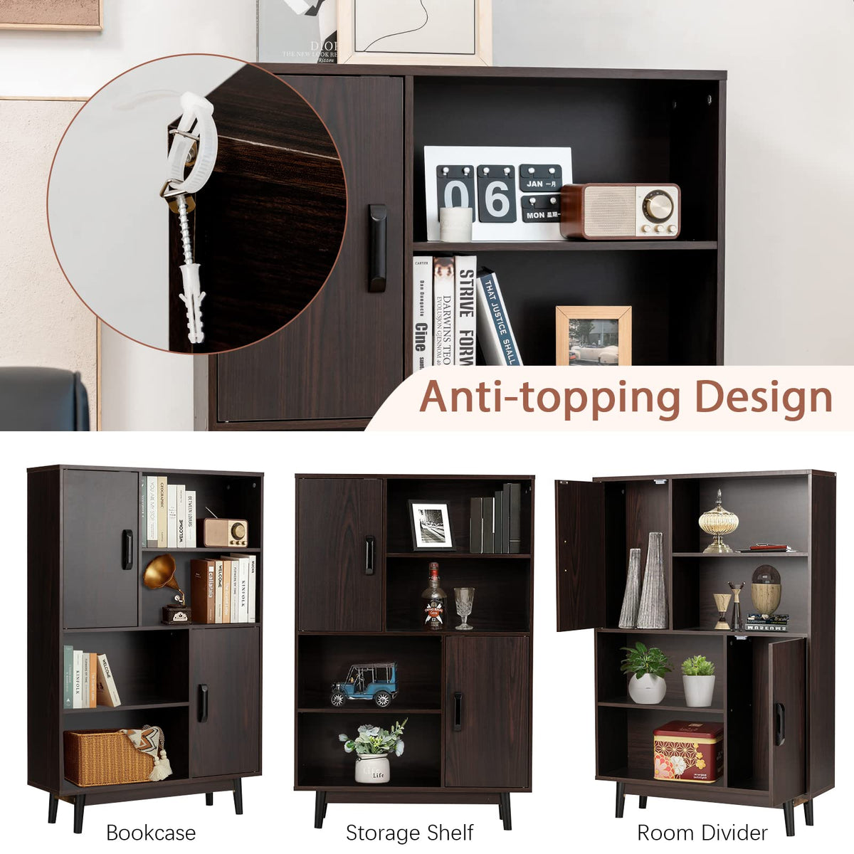 Giantex 4-Tier Wooden Bookshelf, Freestanding Storage Display Cabinet w/ 2 Doors, 4 Open Shelf