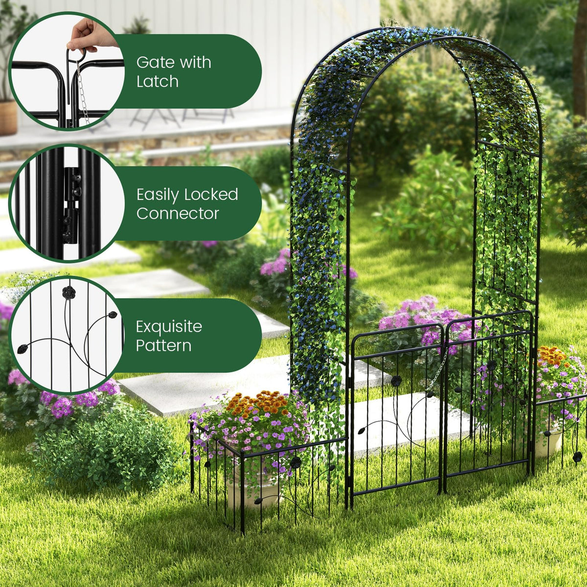 2.2M Garden Arbor, Metal Arch Trellis Lockable Gate, Arched Top Arbor Trellis w/Side Planters