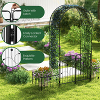 2.2M Garden Arbor, Metal Arch Trellis Lockable Gate, Arched Top Arbor Trellis w/Side Planters