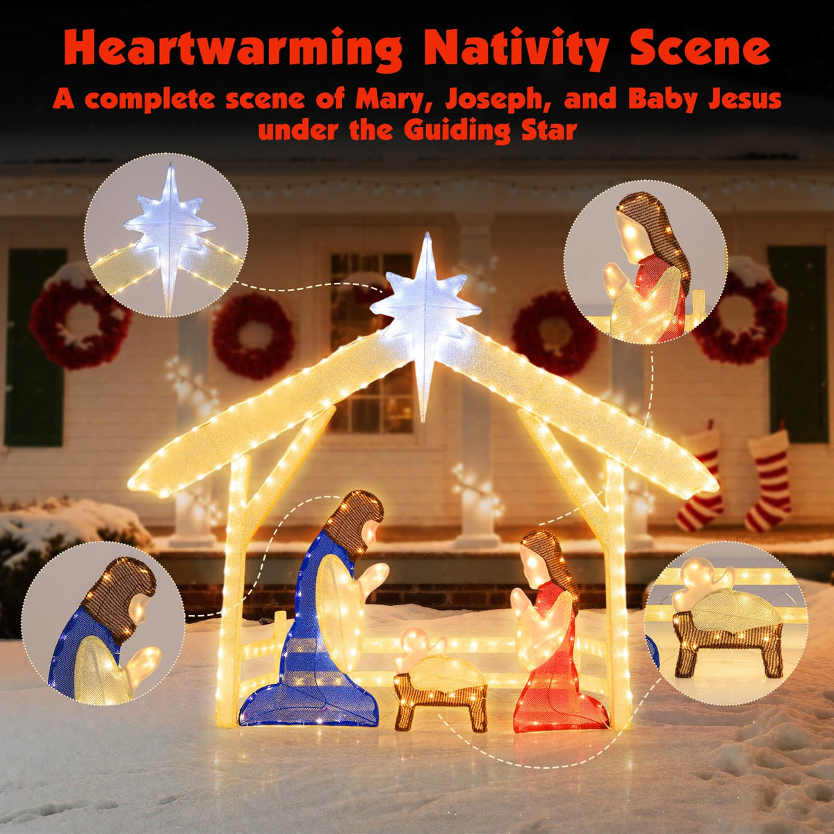121cm Pre-lit Christmas Holy Family Set with 272 Warm Cold White LED Lights