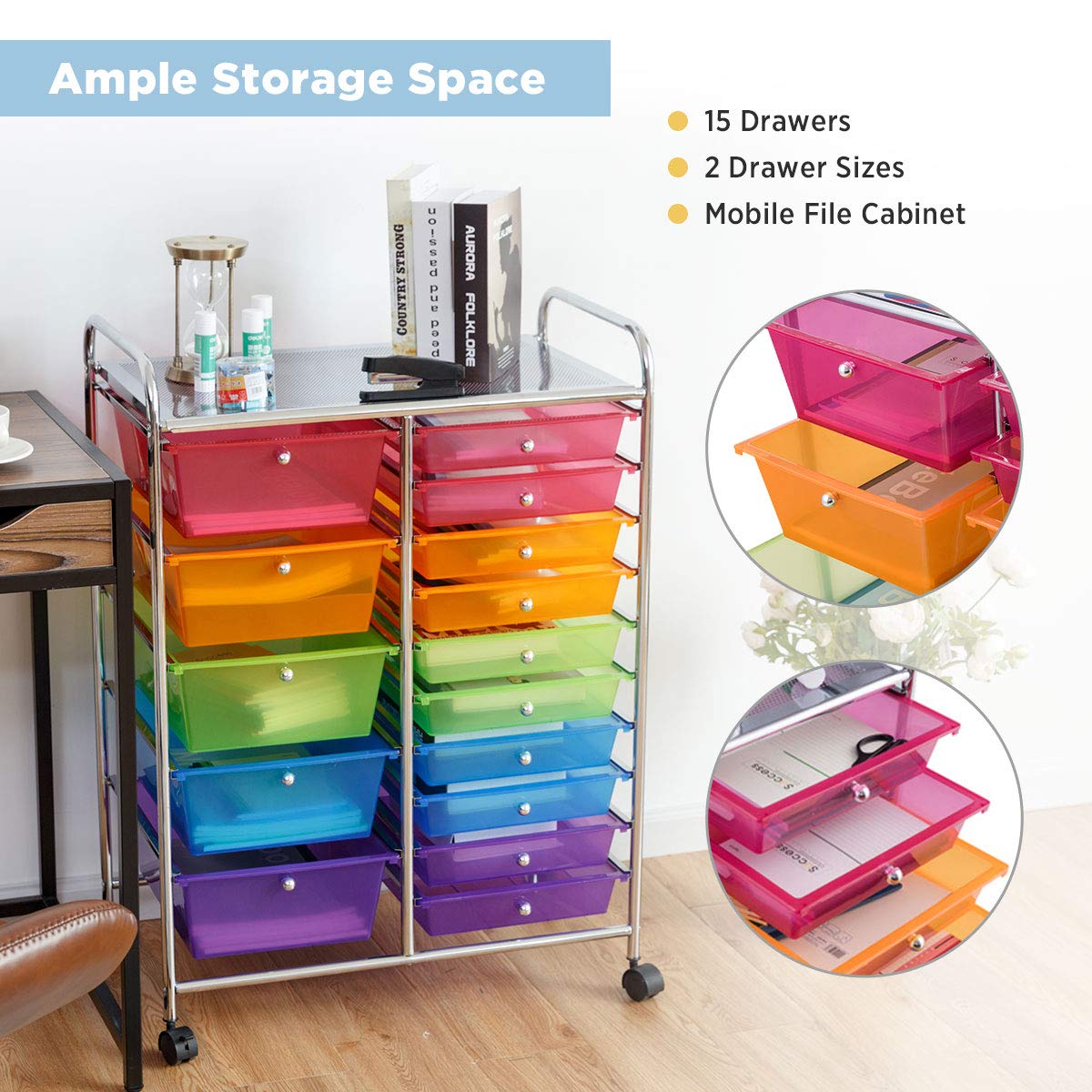 Costway 4-Drawer Cart Storage Bin Organizer Rolling w/Plastic Drawers  Rainbow