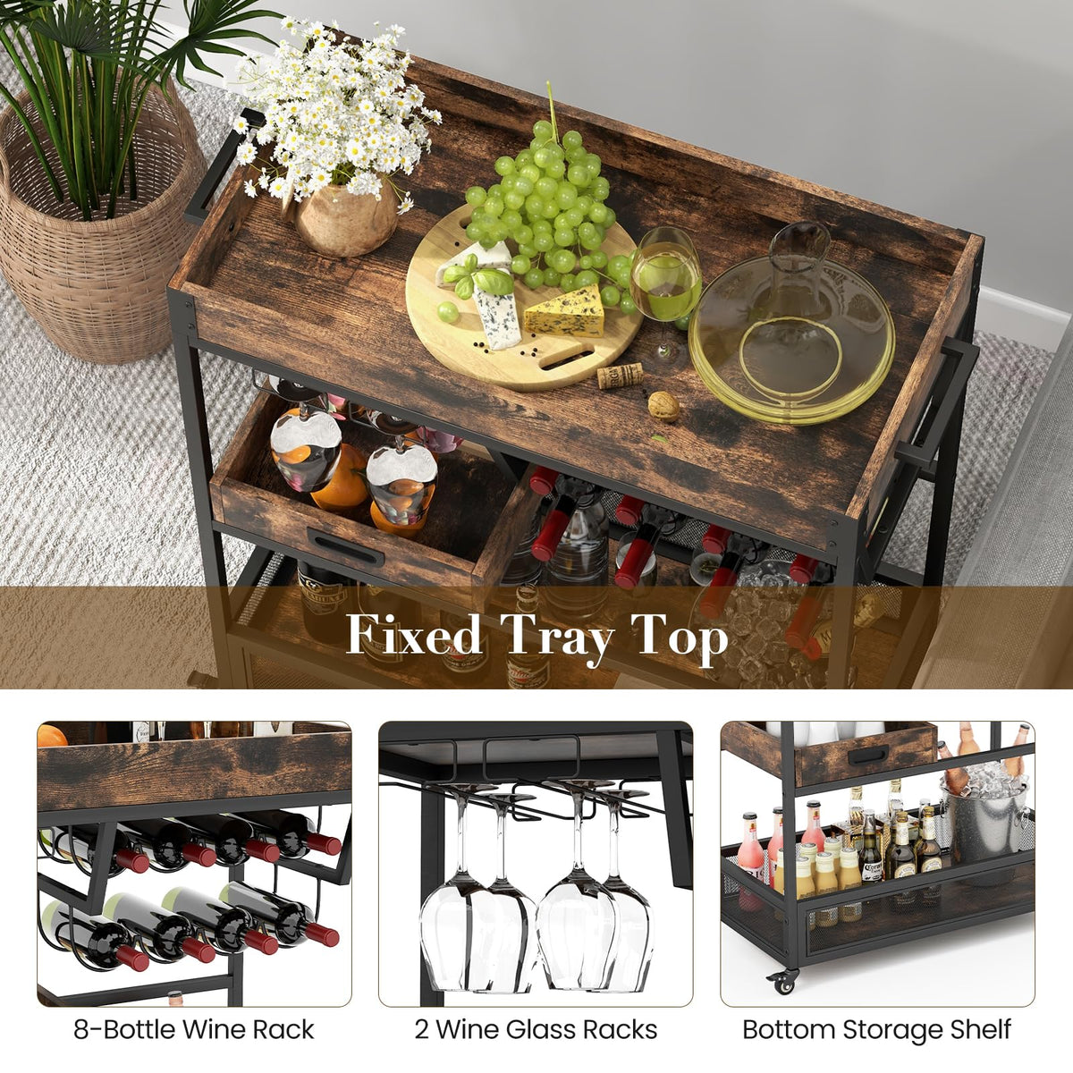 Giantex Rolling Bar Cart, 3-Tier Industrial Buffet Serving Cart with Wine Rack
