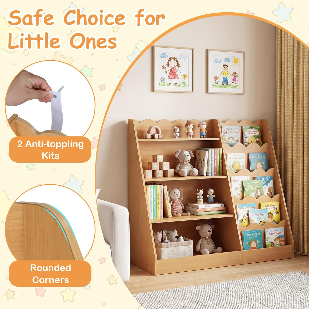 5-Tier Scalloped Shelves, Deep Compartments, Wooden Book