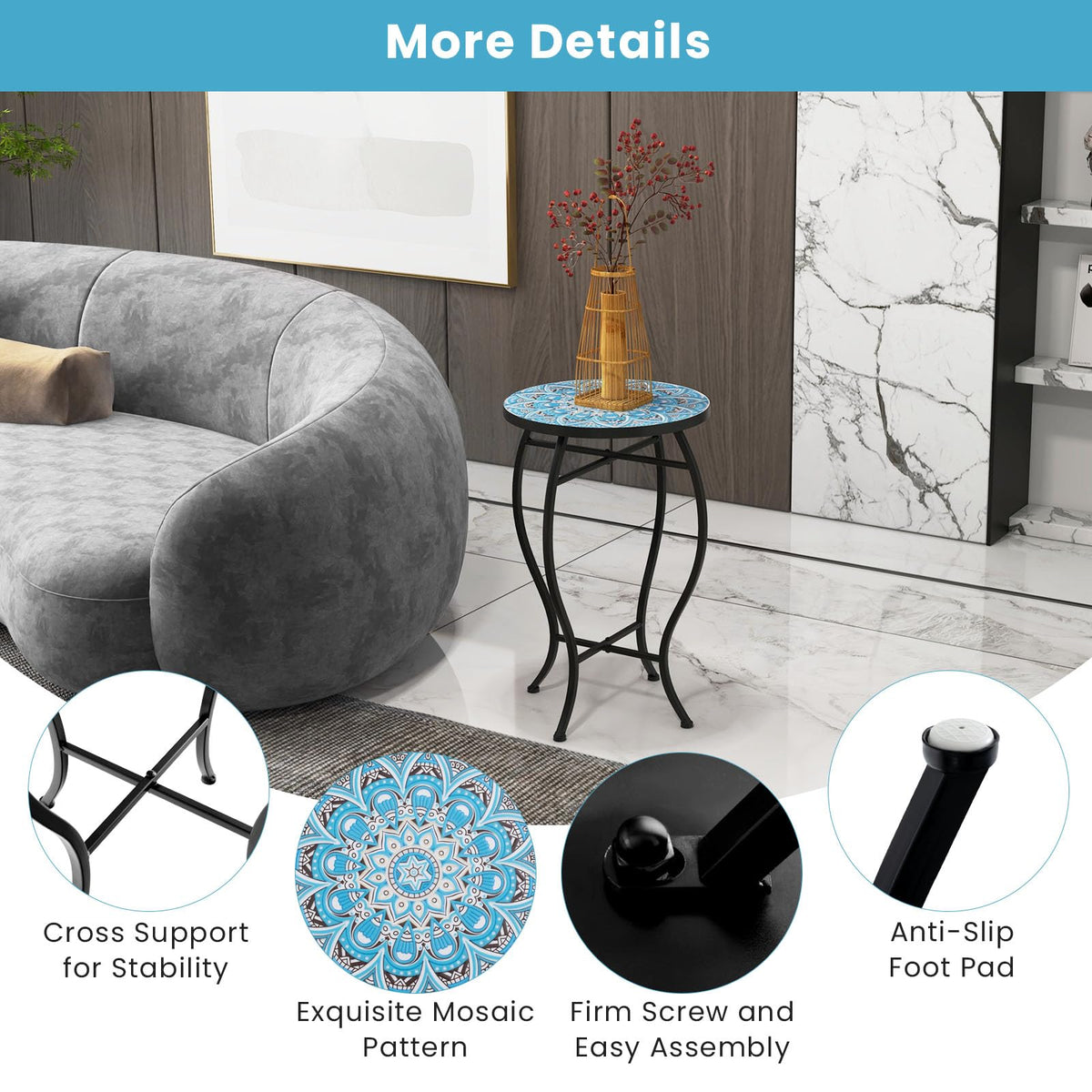Porch Plant Stand Side Table 35cm with Ceramic Tile