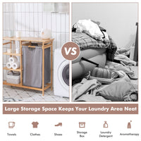 Giantex Bamboo Laundry Hamper Stand w/Sliding Bag & 3-Tier Open Shelves