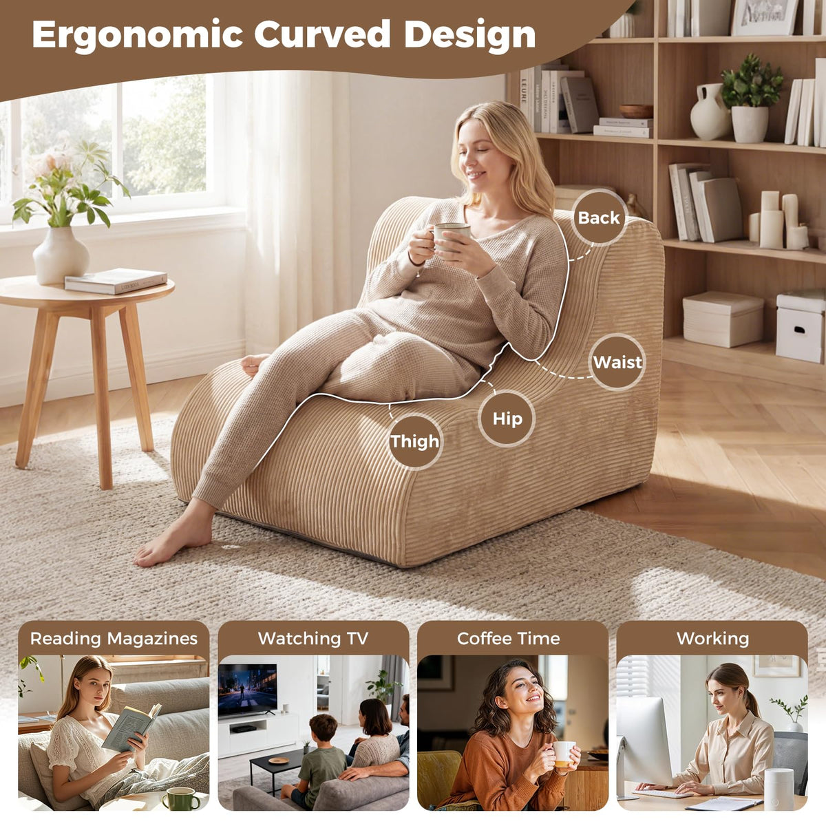 Curved Floor Sofa with Machine-washable Cover and Anti-slip Bottom for Living Room
