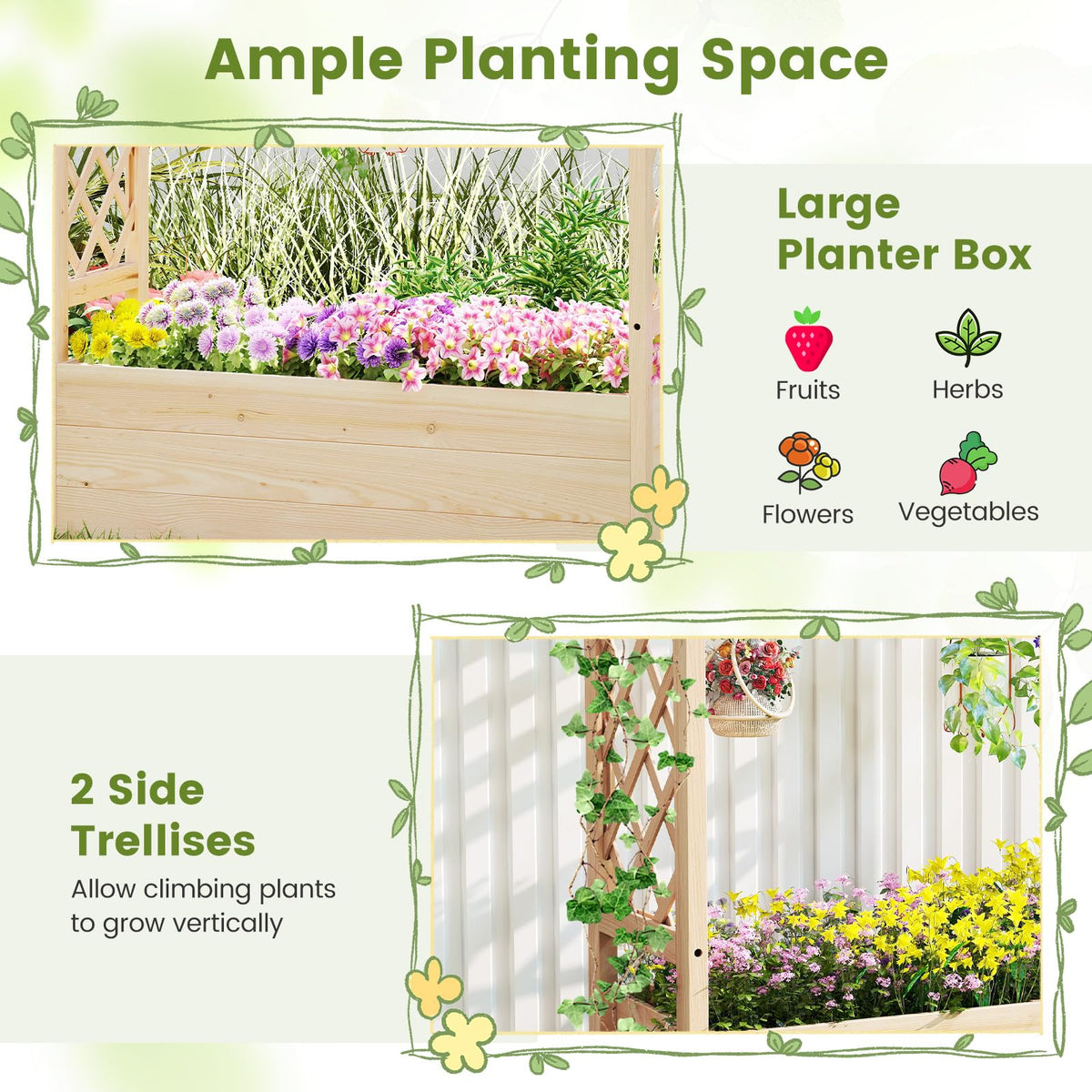 Raised Garden Bed with Trellises, Hanging Roof, Elevated Planter Box