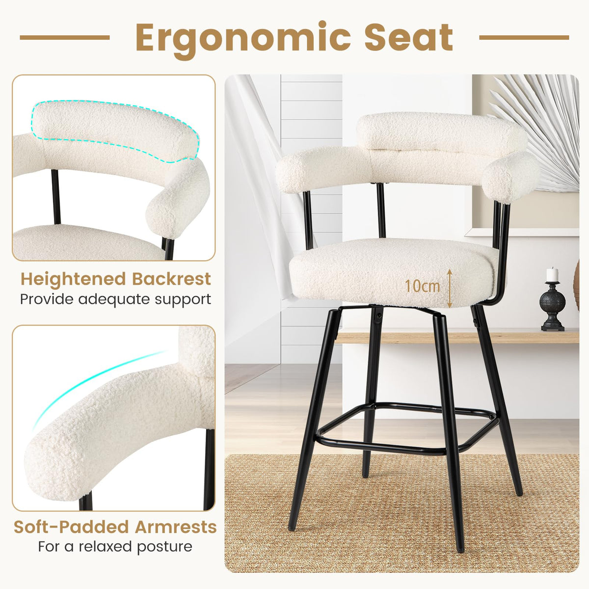 Swivel Bar Stool Set of 2 with Curved Back and Arms