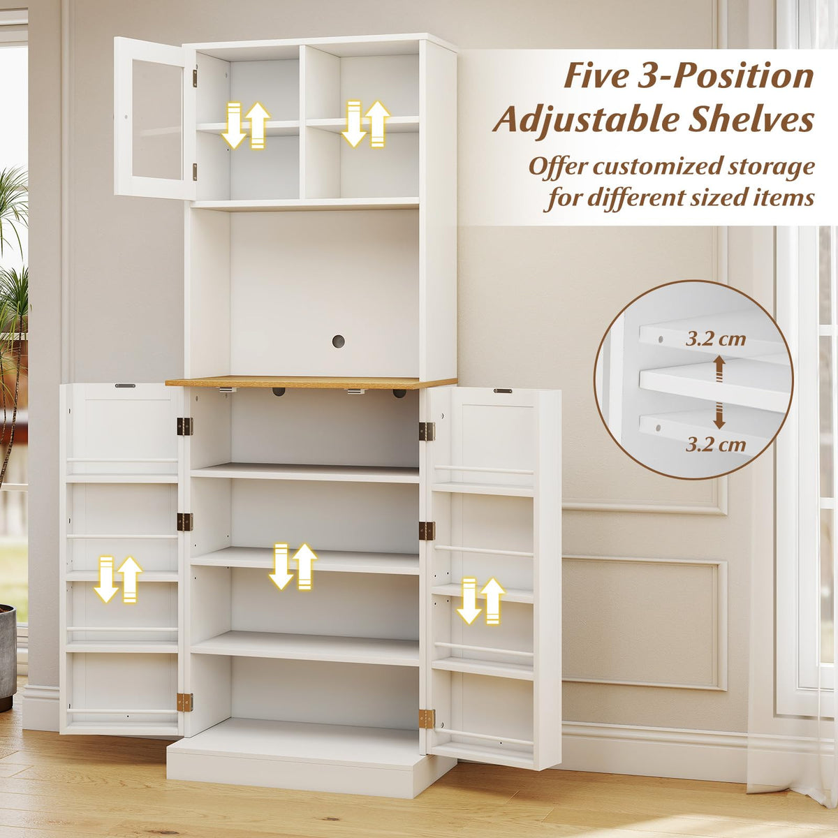 Kitchen Pantry Cabinet 170 CM Freestanding Tall Cupboard with Microwave Shelf