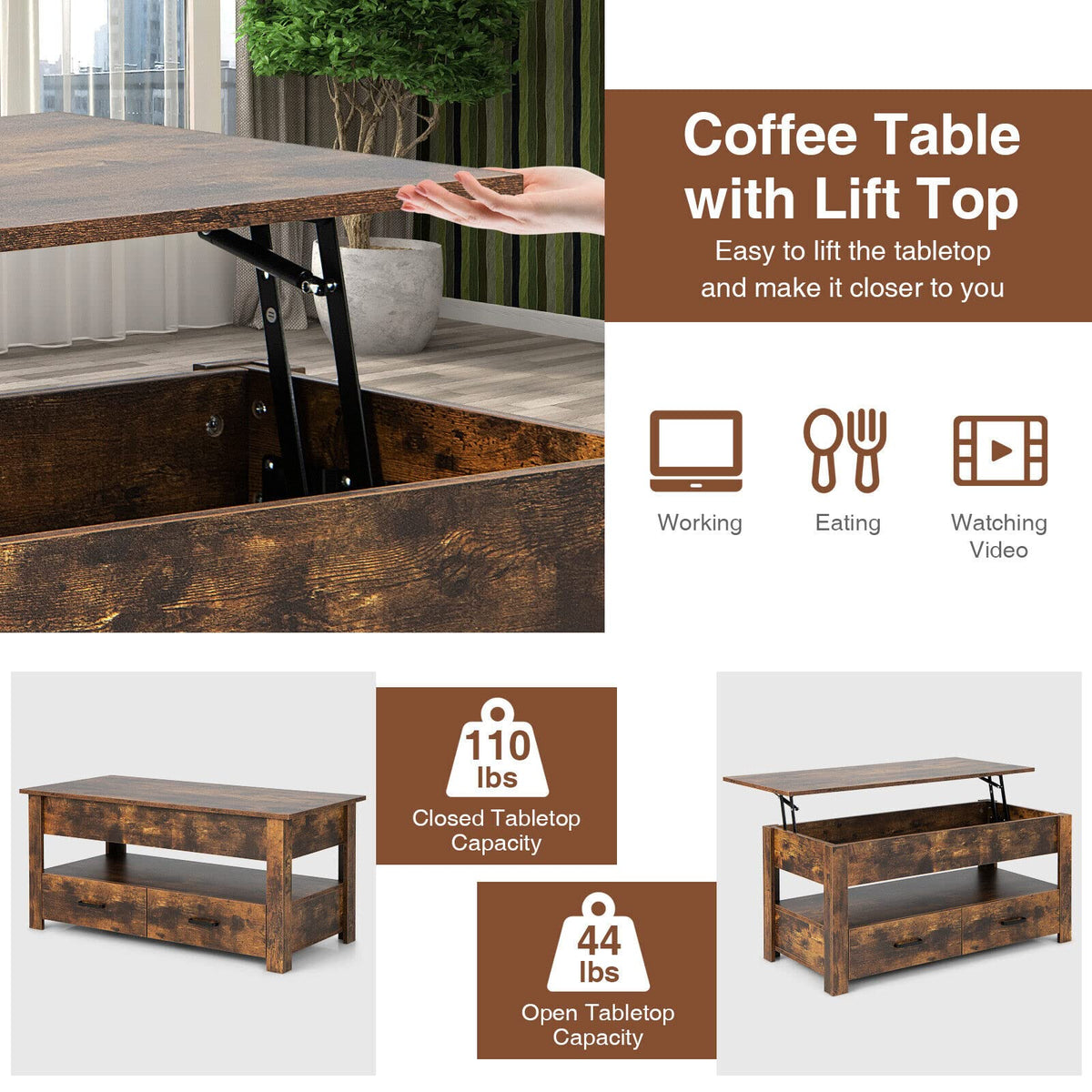 Giantex Lift Top Coffee Table, Industrial Accent Table with Enclosed Compartment, Rustic Brown