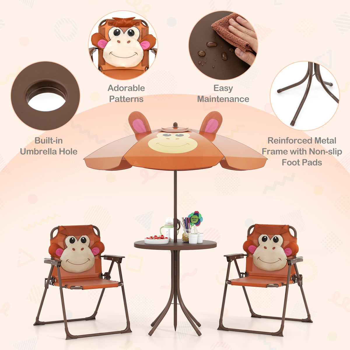4Pcs Kids Picnic Set, Toddler Outdoor Activity Table w/2 Folding Chairs & a Height Adjustable Umbrella