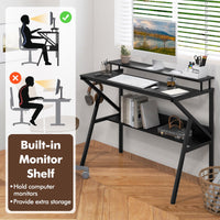 Computer Desk Versatile Writing Desk w/ Monitor Stand Hanging Hook Storage Shelf