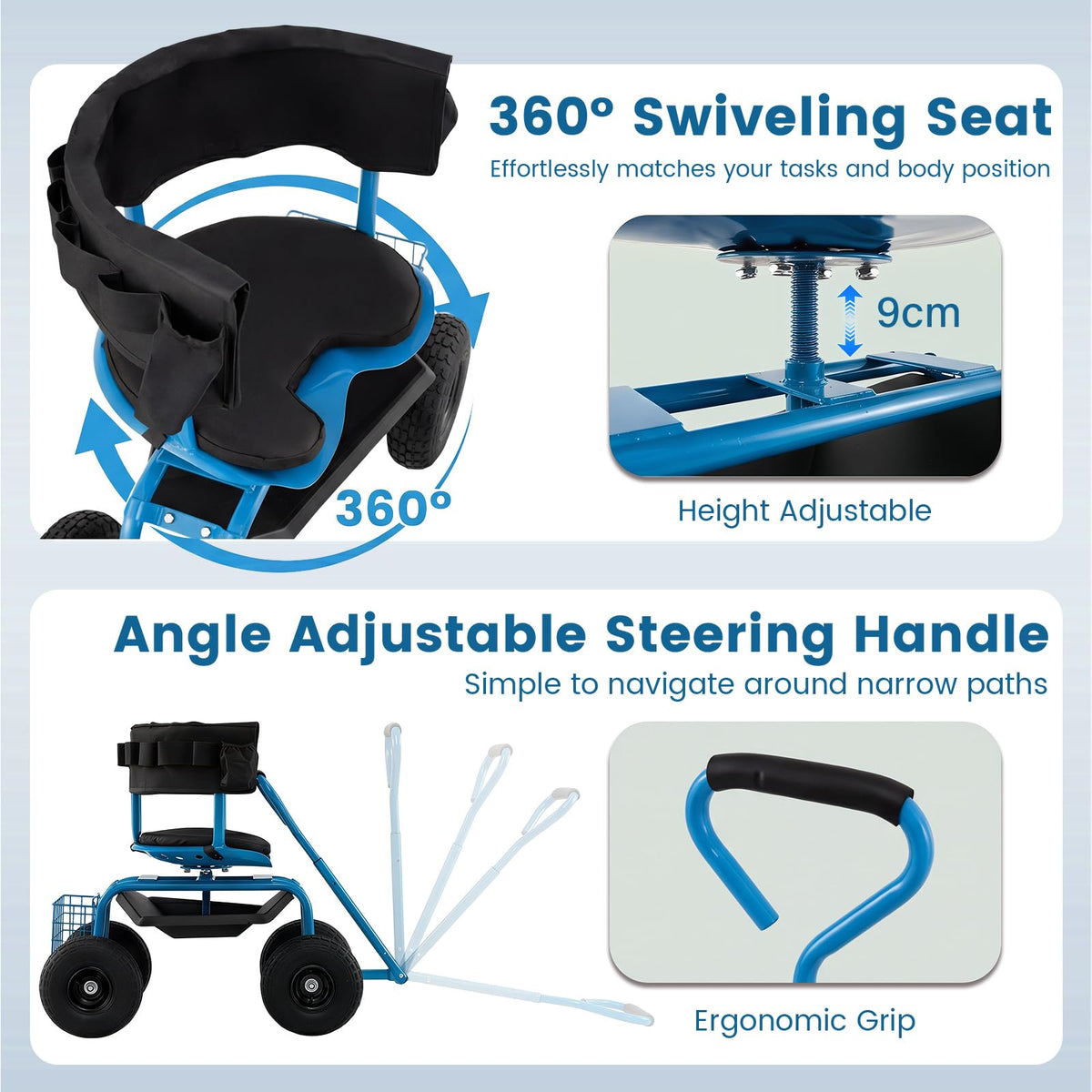 Rolling Garden Work Seat with Wheels and Swivel Seat