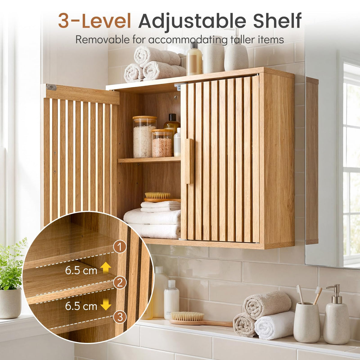 Bathroom Wall Cabinet with 2 Slatted Doors and 3 Adjustable Shelves