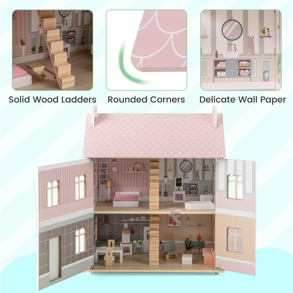 Kids Wooden Dollhouse with Double-Sided Roofs and Openable Doors