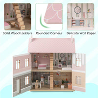 Kids Wooden Dollhouse with Double-Sided Roofs and Openable Doors