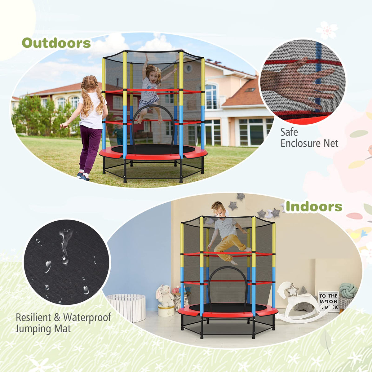 55 Inches Kids Trampoline with Safety Enclosure Net