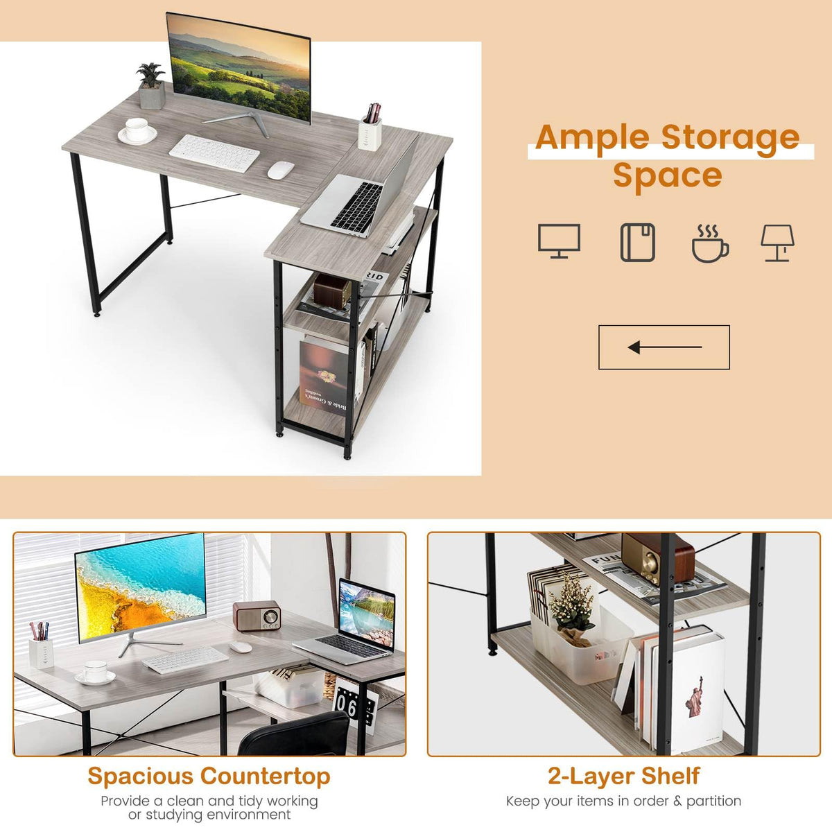Giantex L-Shaped Desk 120 cm Writing Study Laptop Desk with Adjustable Storage Shelves