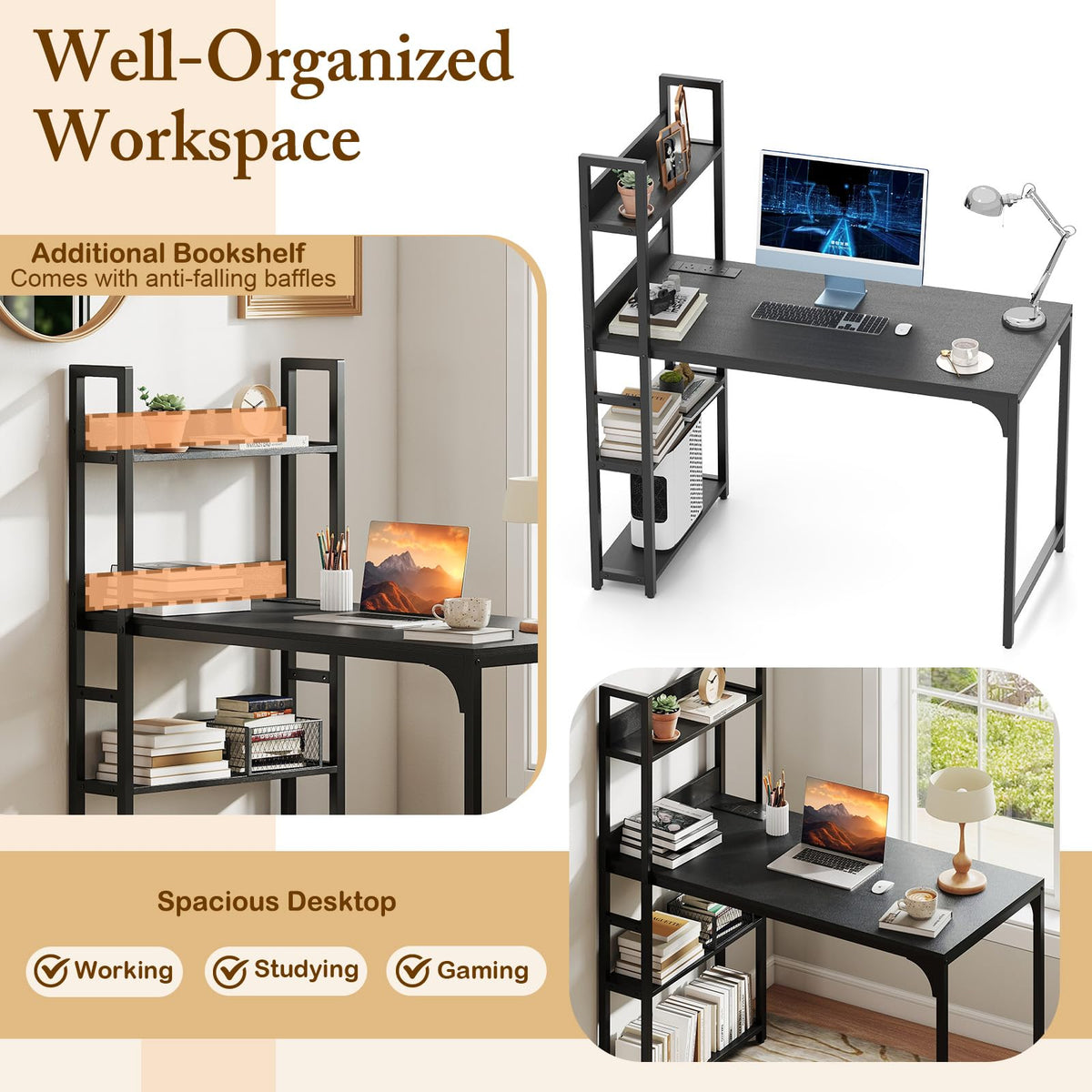 Computer Desk with Power Strip, 120 CM Study Writing Desk with Bookshelf, AC Outlets, USB Port