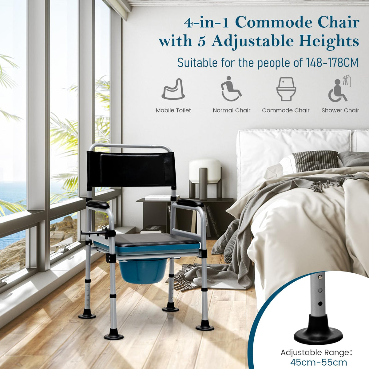 Folding Bedside Commode Chair Height Adjustable with Padded Seat and Backrest