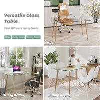 Giantex 129cm Modern Rectangle Glass Dining Table, Kitchen Glass Table W/Wood-Like Steel Legs