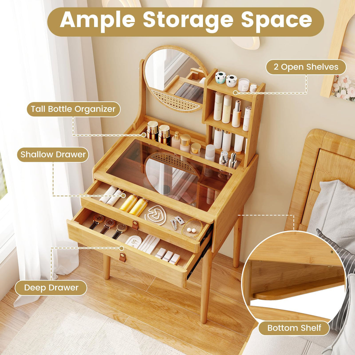 Small Vanity Desk with Mirror, Compact Makeup Table with 2 Drawers