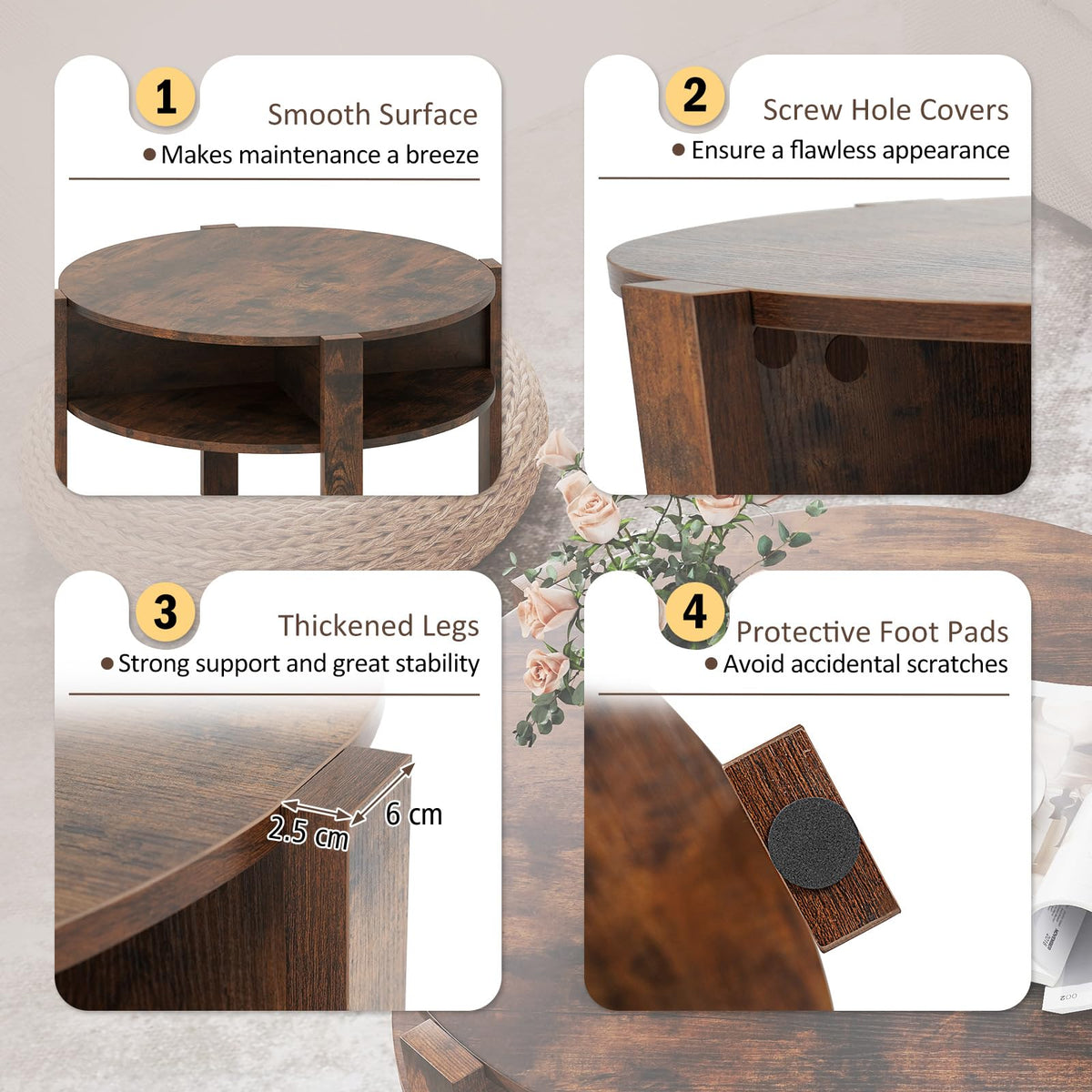 2-Tier Round Coffee Table w/Storage, 75 cm Tea Cocktail Table w/ 4 Shelves