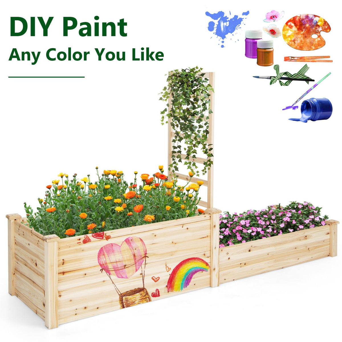 2-Tier Wood Planter Box w/Open-Ended Bottom for Vegetables