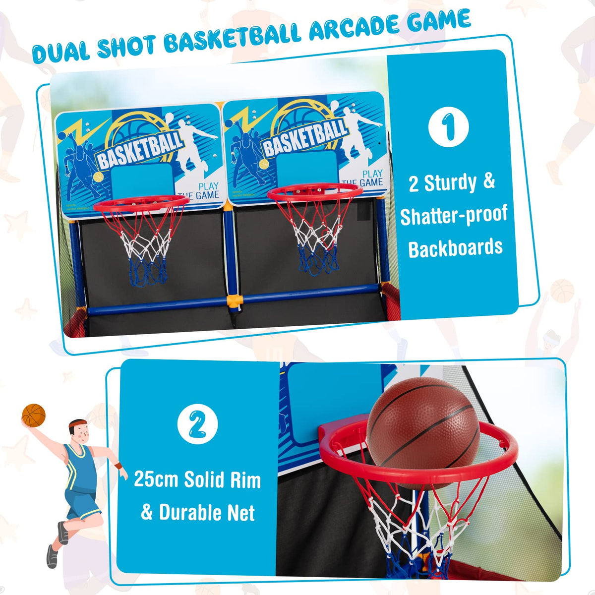 Kids Basketball Arcade Game, Dual Shot Basketball Game w/ 4 Balls & Inflation Pump for Indoor Outdoor Sport Play