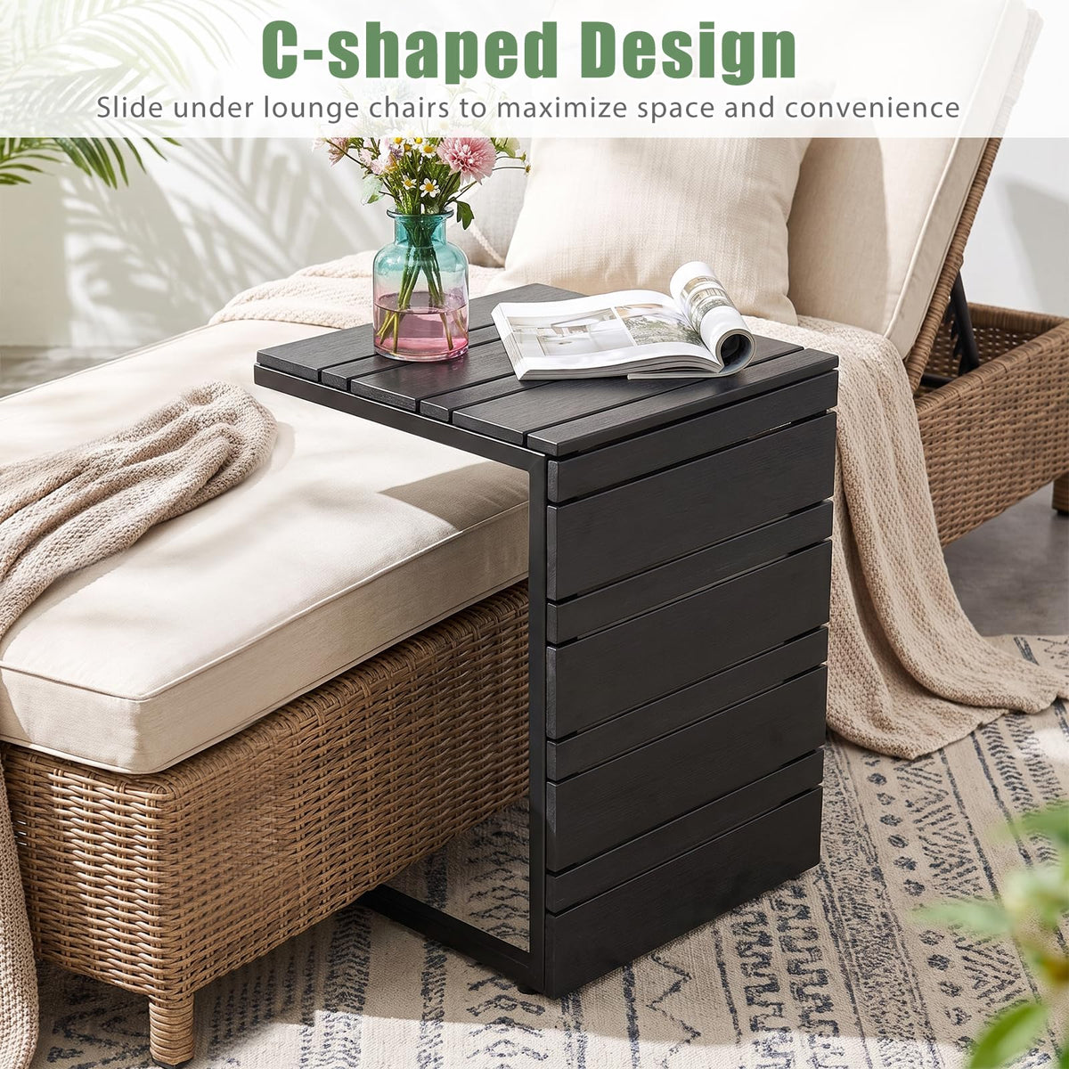 Outdoor C-Shaped Side Table w/Wood Plastic Tabletop