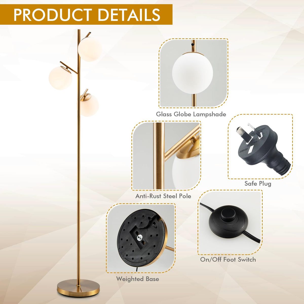 3-Globe Floor Lamp with Foot Switch and Steel Pole for Living Room