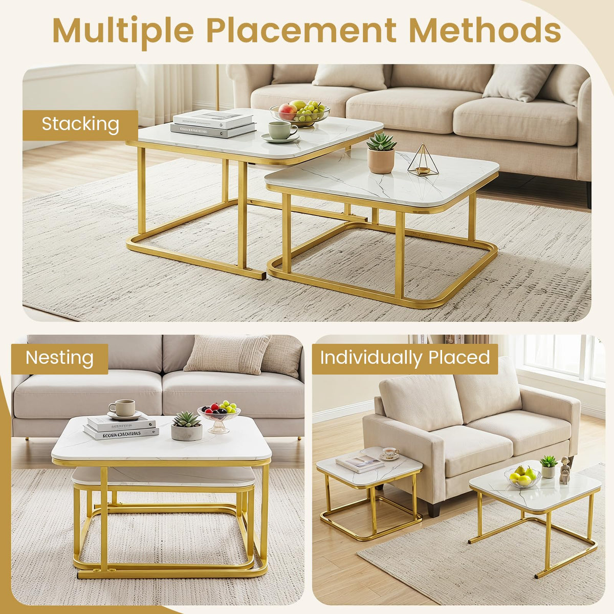Nesting Coffee Table Set of 2 with Faux Marble Tabletop and Metal Frame for Living Room Bedroom