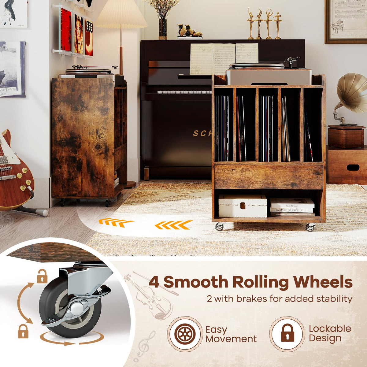 Rolling Turntable Stand with 5 Compartments and Drawer & Open Shelf for Living Room