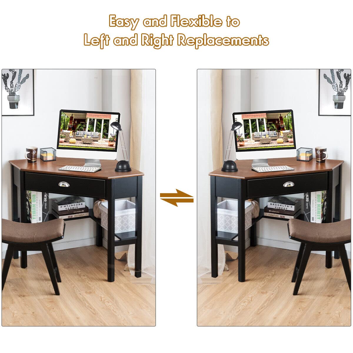 Giantex Wood Corner Computer Desk, Compact Writing Table w/Drawer & Shelves