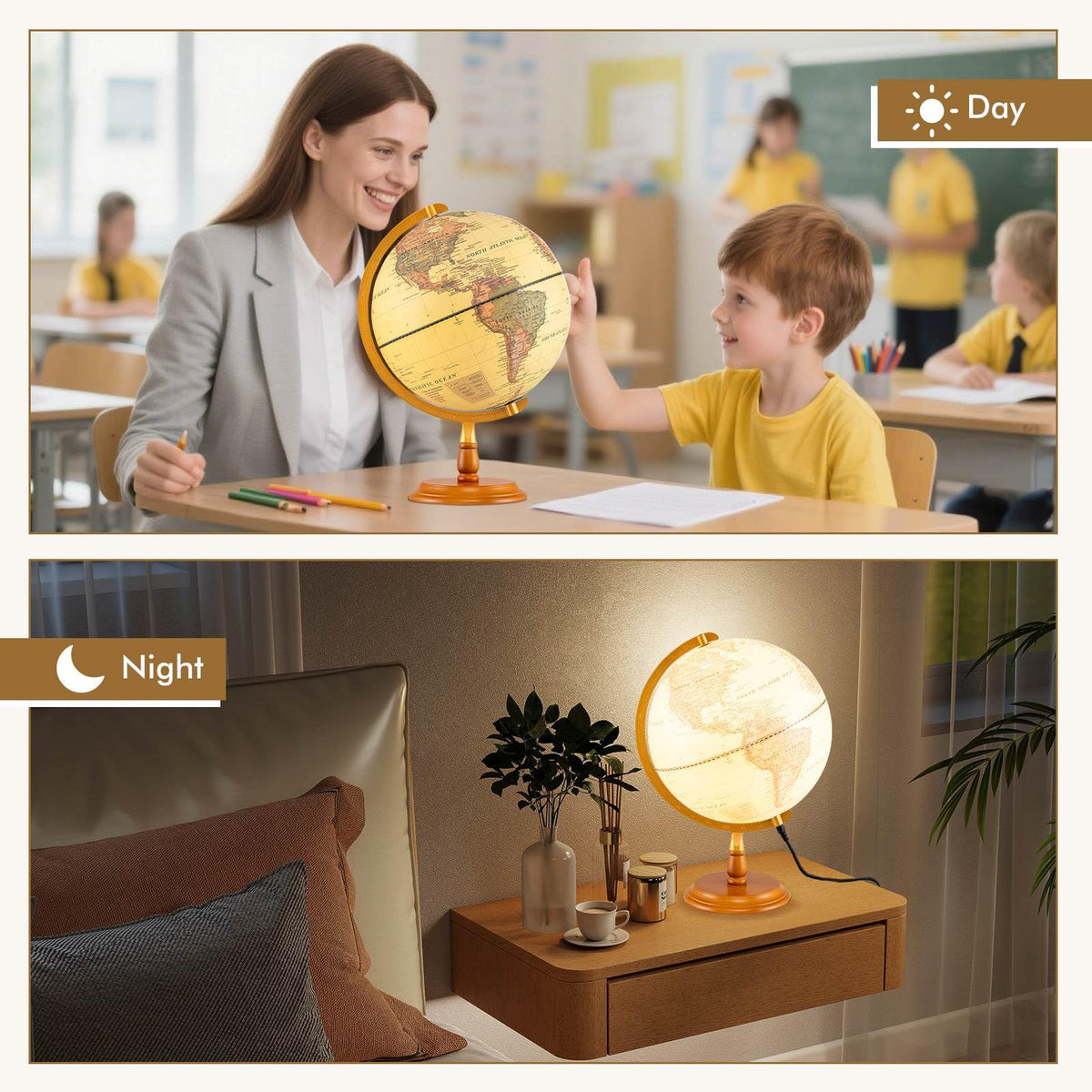30 cm Illuminated World Globe Light up Globe Night Lamp with Wooden Stand