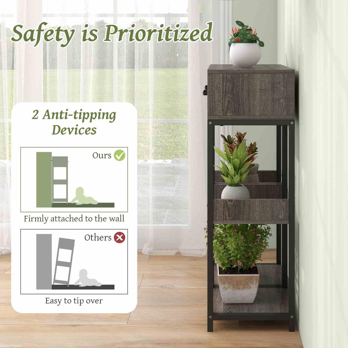 3 Tier Indoor Tall Plant Stand, Metal Plant Table with Drawer, Anti-Tipping Devices